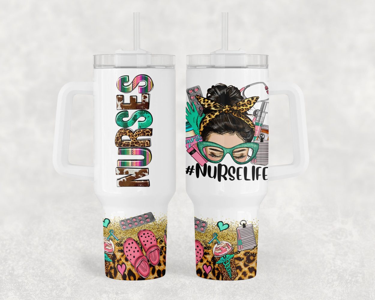 Nurse Life Glitter Leopard Print Custom Stanley Quencher 40Oz Stainless Steel Tumbler With Handle