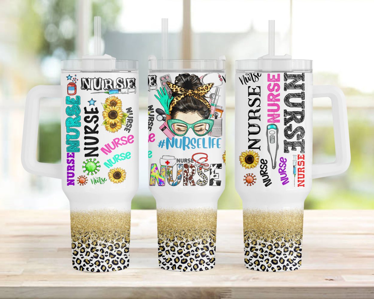 Nurse Life Glitter Leopard Print Custom Stanley Quencher 40Oz Stainless Steel Tumbler With Handle