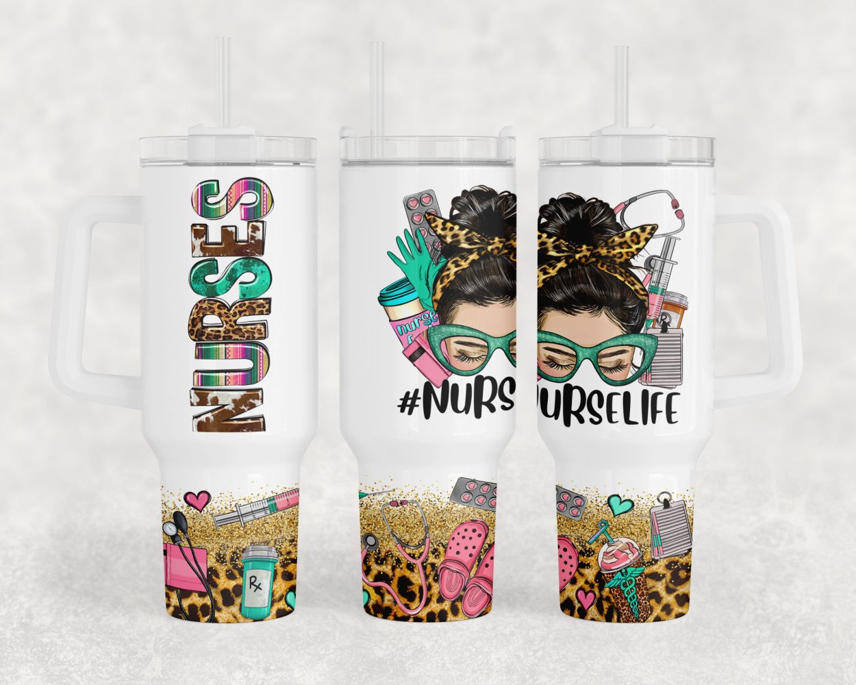Nurse Life Glitter Leopard Print Custom Stanley Quencher 40Oz Stainless Steel Tumbler With Handle - Image 2