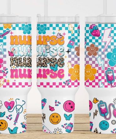 Nurse Retro Checkered Smiley Face Custom Stanley Quencher 40Oz Stainless Steel Tumbler With Handle