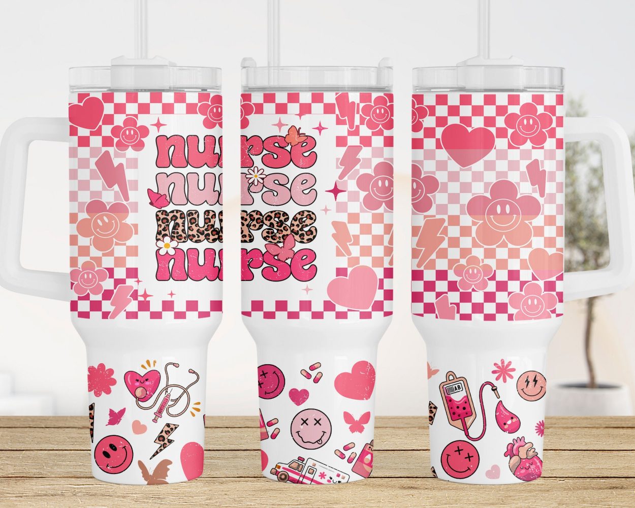 Nurse Retro Checkered Smiley Face Custom Stanley Quencher 40Oz Stainless Steel Tumbler With Handle - Image 2