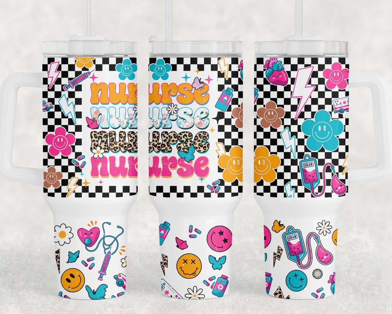 Nurse Retro Checkered Smiley Face Custom Stanley Quencher 40Oz Stainless Steel Tumbler With Handle - Image 3