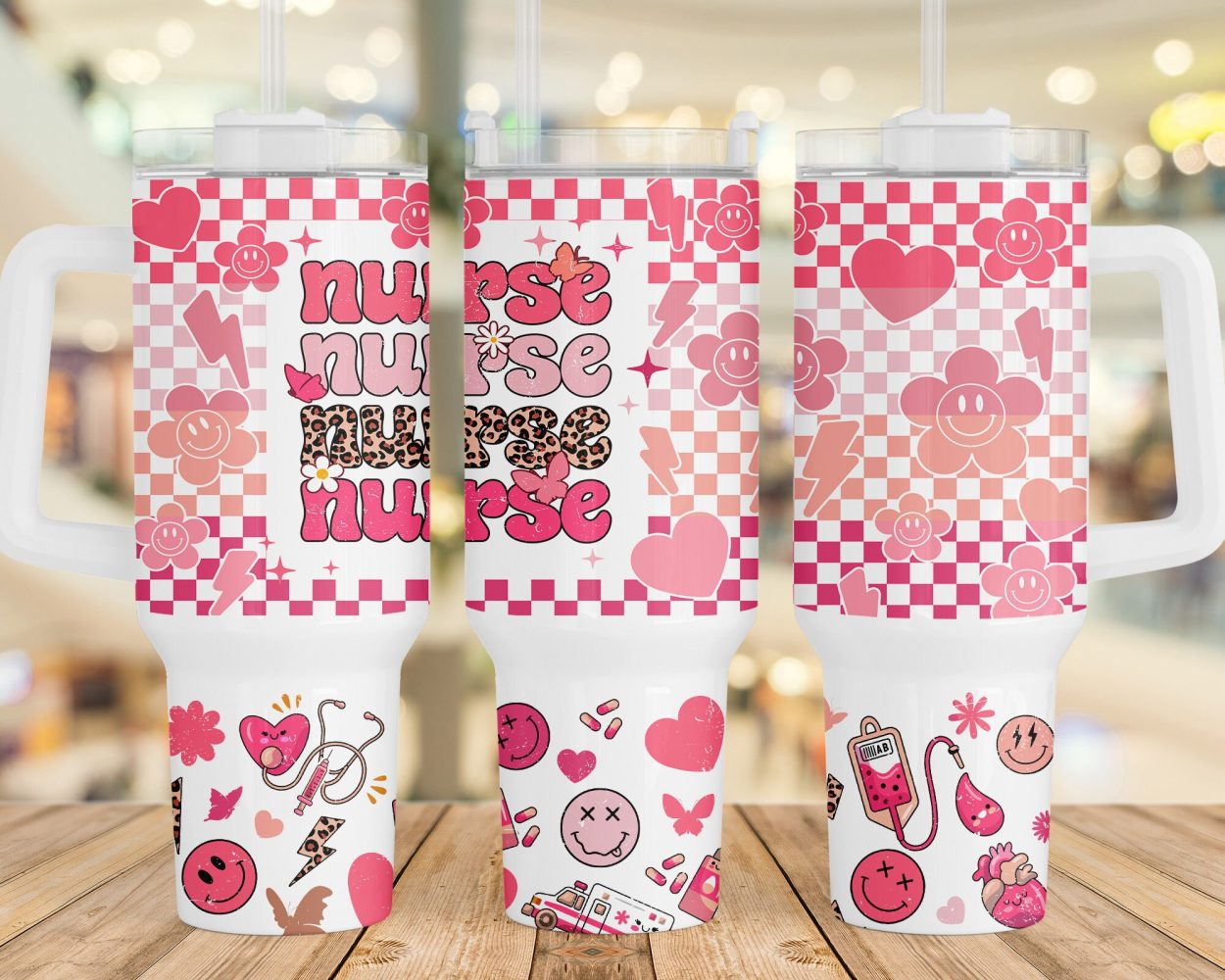 Nurse Retro Checkered Smiley Face Custom Stanley Quencher 40Oz Stainless Steel Tumbler With Handle