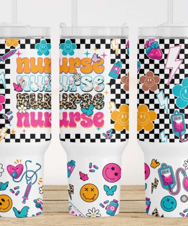 Nurse Retro Checkered Smiley Face Custom Stanley Quencher 40Oz Stainless Steel Tumbler With Handle