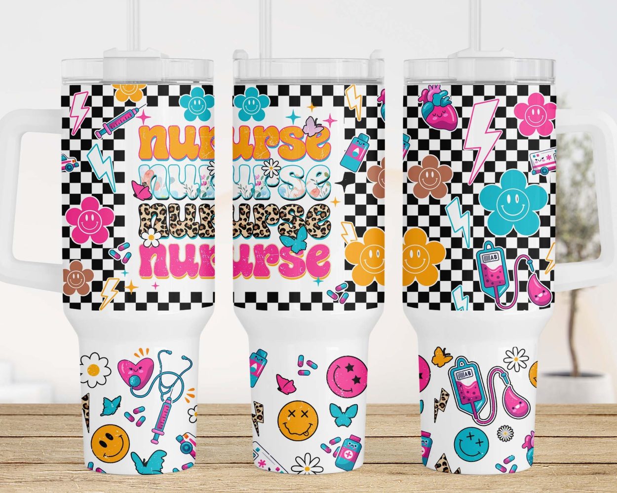 Nurse Retro Checkered Smiley Face Custom Stanley Quencher 40Oz Stainless Steel Tumbler With Handle