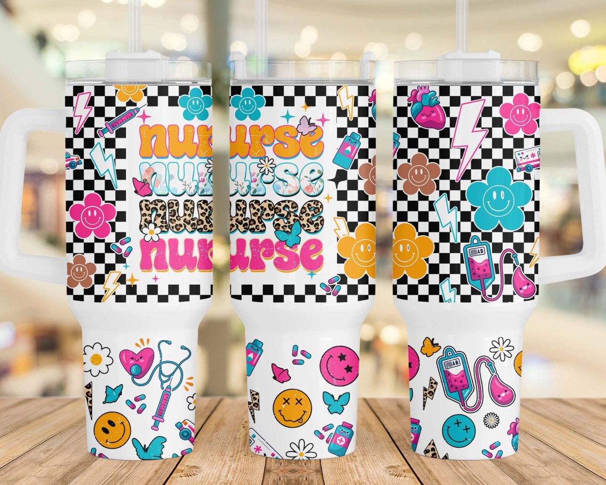 Nurse Retro Checkered Smiley Face Custom Stanley Quencher 40Oz Stainless Steel Tumbler With Handle - Image 2