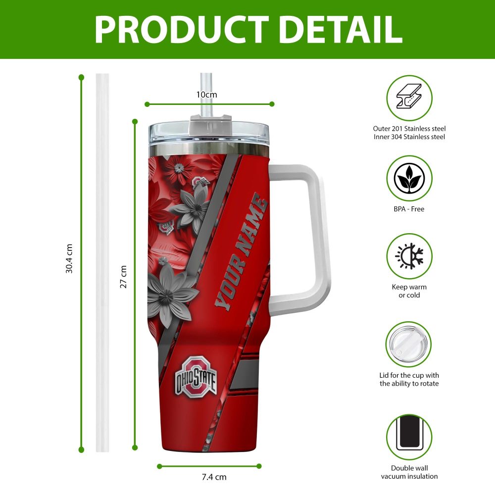 Ohio State Buckeyes Ncaa Custom Stanley Quencher 40Oz Stainless Steel Tumbler With Handle - Image 2