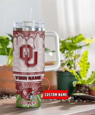 Oklahoma Sooners Ncaa Glitter Custom Stanley Quencher 40Oz Stainless Steel Tumbler With Handle