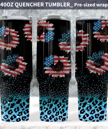 Patriotic Sunflowers Glitter Leopard Print Custom Stanley Quencher 40Oz Stainless Steel Tumbler With Handle