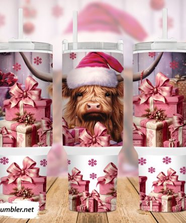 Pink Chrismtas Highland Cow Custom Stanley Quencher 40Oz Stainless Steel Tumbler With Handle