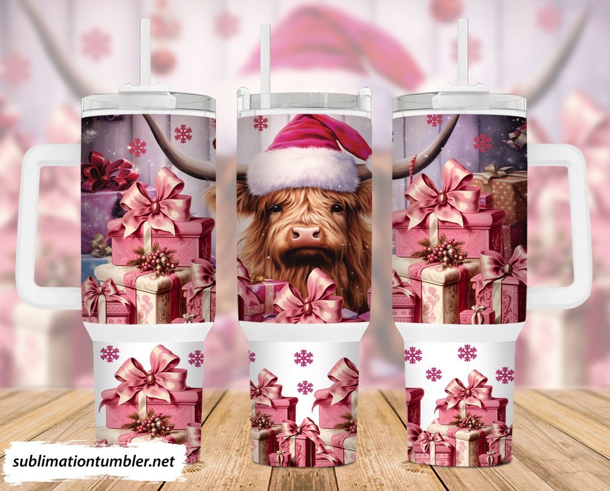 Pink Chrismtas Highland Cow Custom Stanley Quencher 40Oz Stainless Steel Tumbler With Handle