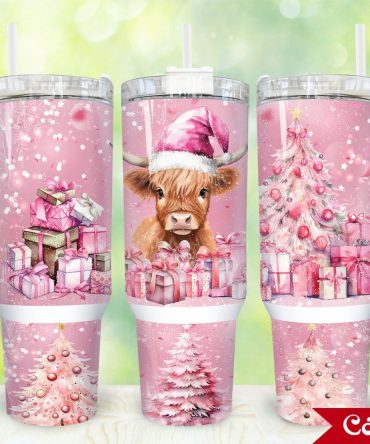 Pink Christmas Highland Cow Custom Stanley Quencher 40Oz Stainless Steel Tumbler With Handle