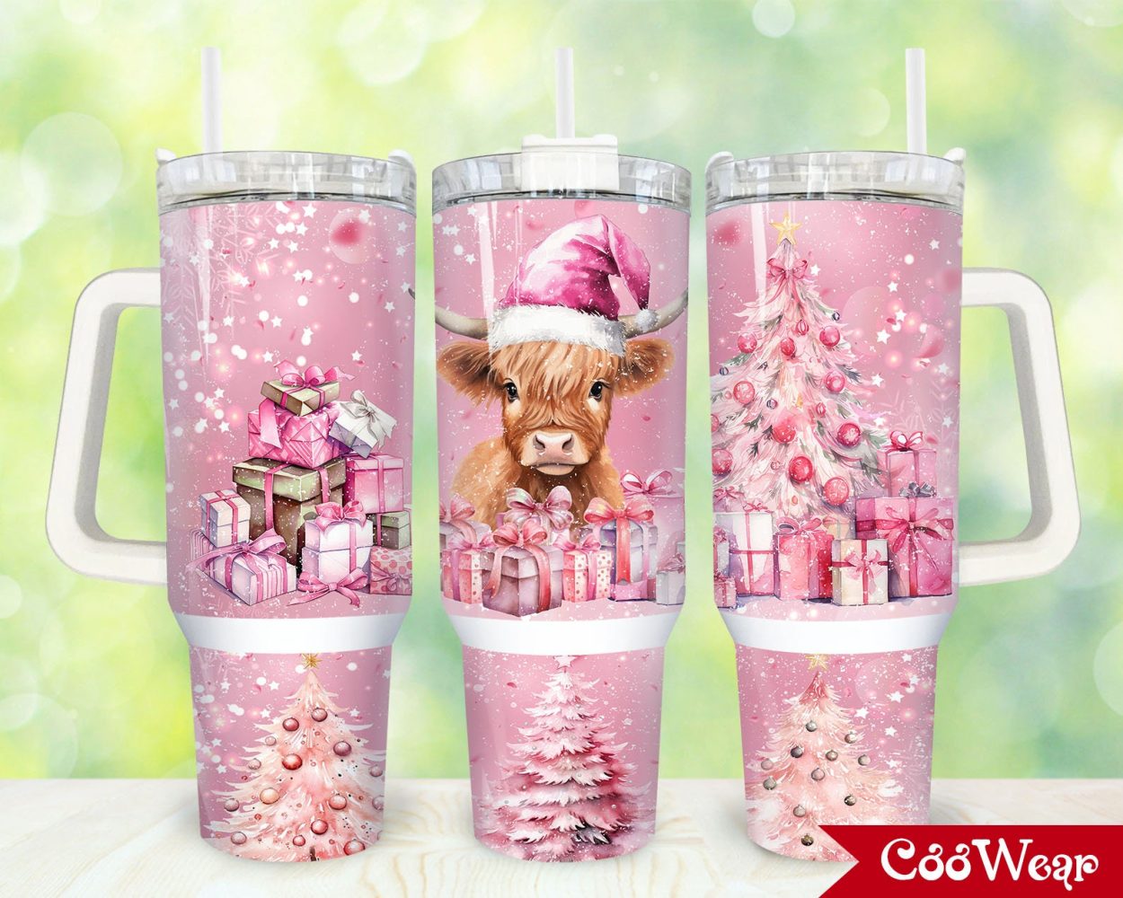 Pink Christmas Highland Cow Custom Stanley Quencher 40Oz Stainless Steel Tumbler With Handle