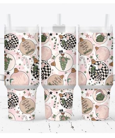 Pink Grinch Merry Xmas Movies Custom Stanley Quencher 40Oz Stainless Steel Tumbler With Handle