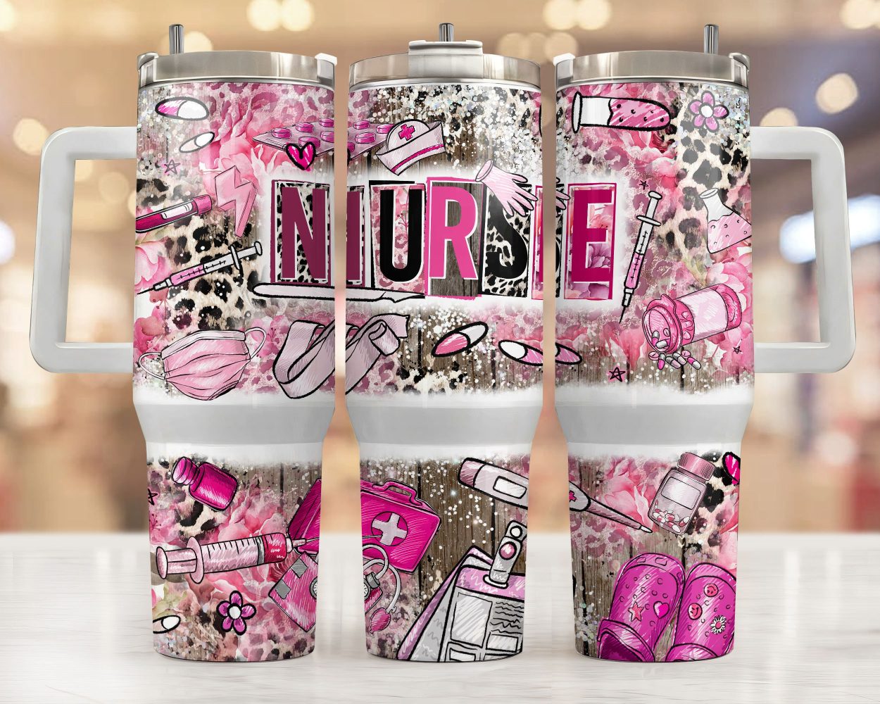 Pink Nurse With Medical Equipment Custom Stanley Quencher 40Oz Stainless Steel Tumbler With Handle