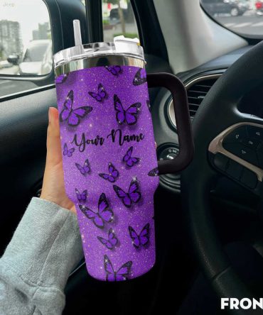 Purple Glitter Butterfly Custom Stanley Quencher 40Oz Stainless Steel