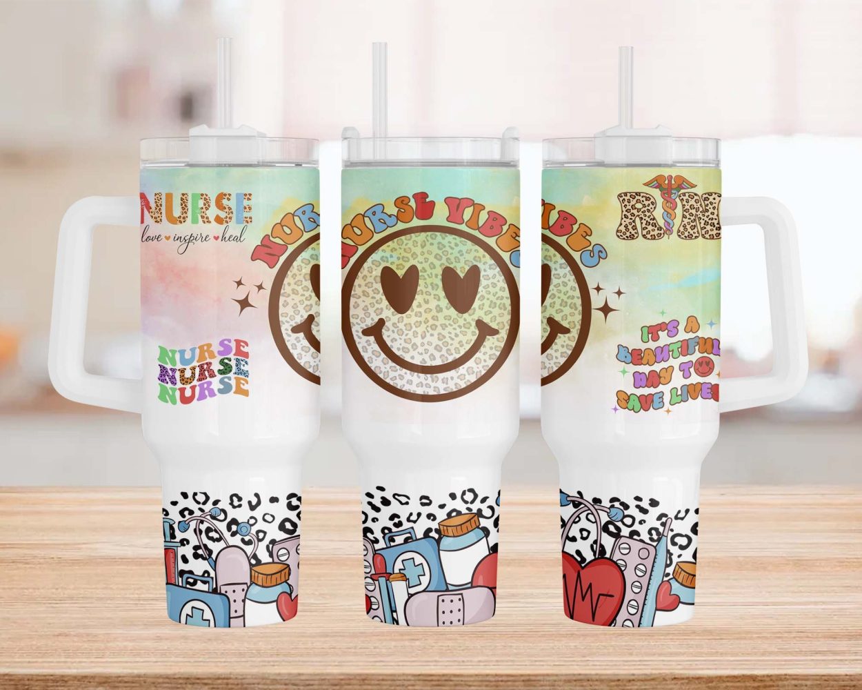 Retro Nurse Vibes Custom Stanley Quencher 40Oz Stainless Steel Tumbler With Handle