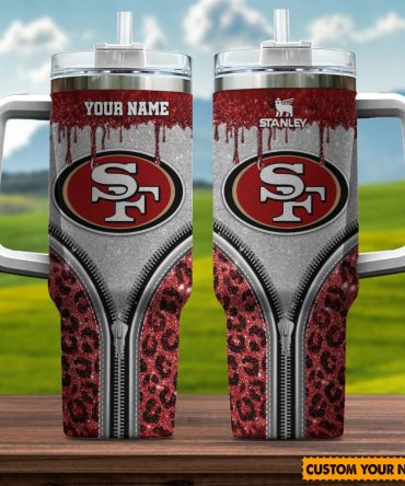 San Francisco 49Ers Nfl Glitter Leopard Print Custom Stanley Quencher 40Oz Stainless Steel Tumbler With Handle