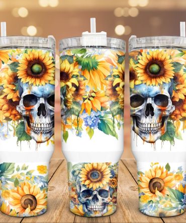 Skulls And Sunflowers Custom Stanley Quencher 40Oz Stainless Steel Tumbler With Handle