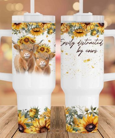Sunflower Baby Highland Cow Custom Stanley Quencher 40Oz Stainless Steel Tumbler With Handle