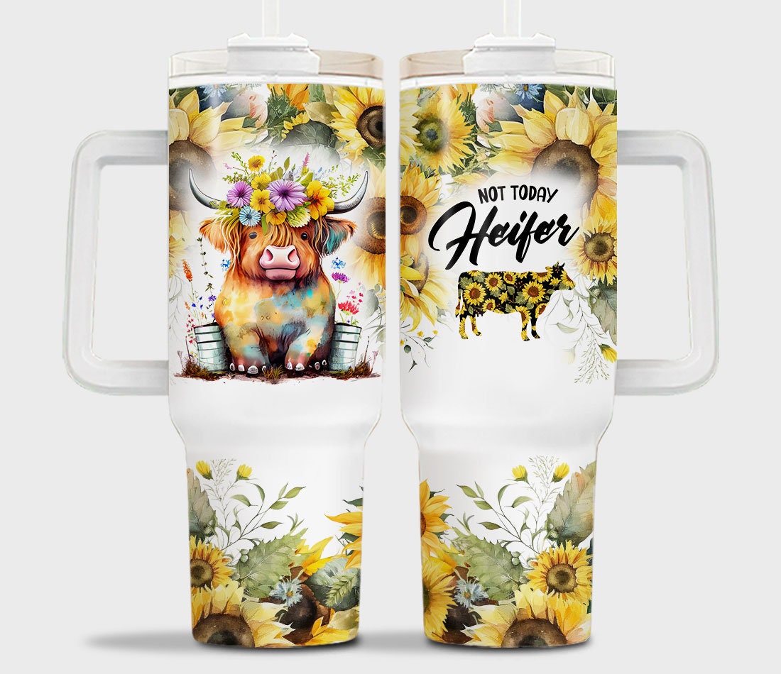 Sunflower Baby Highland Cow Custom Stanley Quencher 40Oz Stainless Steel Tumbler With Handle - Image 2