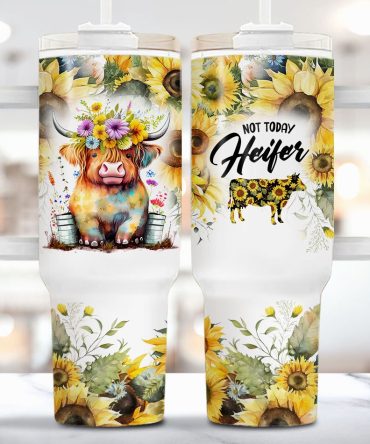 Sunflower Baby Highland Cow Custom Stanley Quencher 40Oz Stainless Steel Tumbler With Handle
