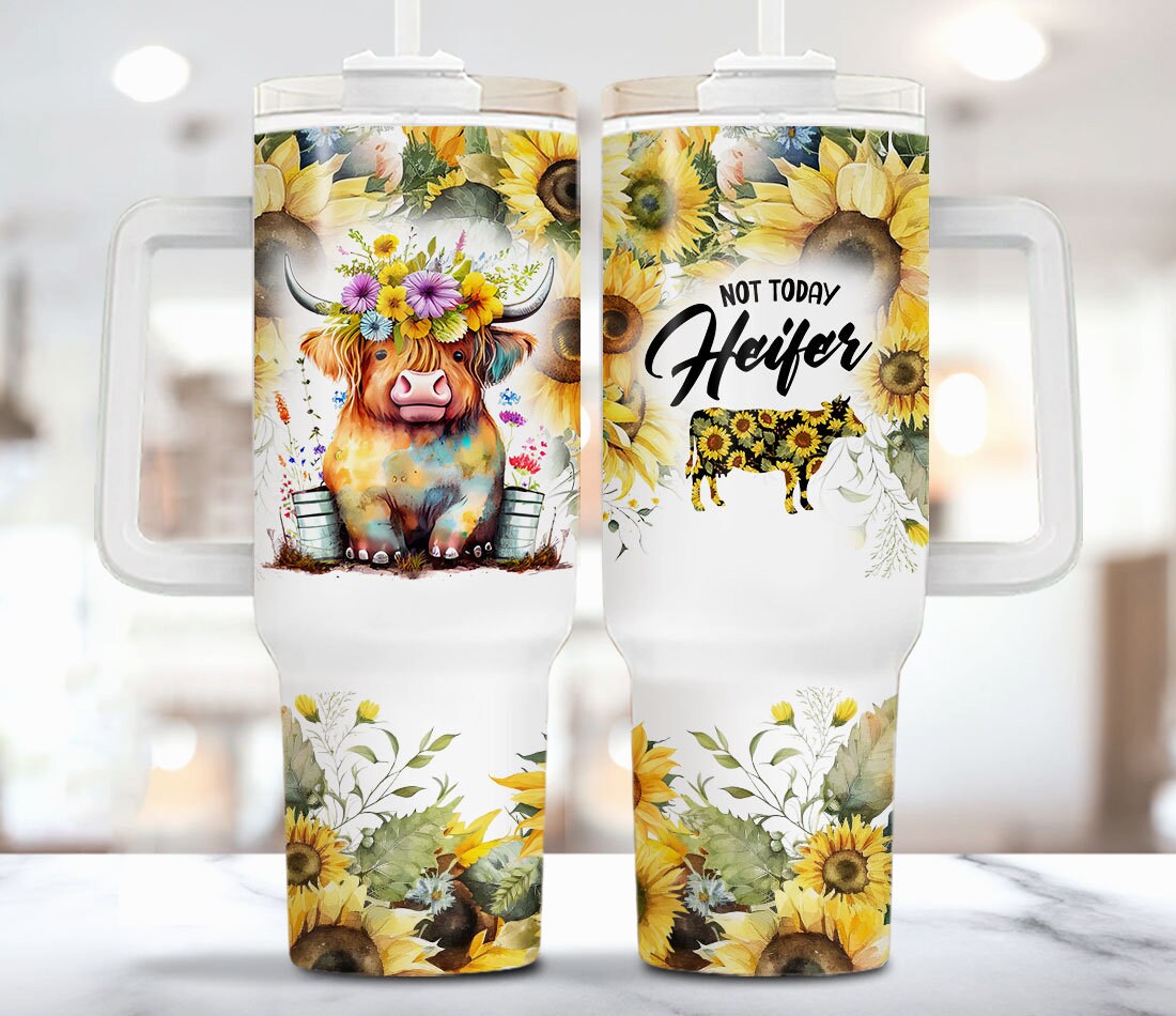 Sunflower Baby Highland Cow Custom Stanley Quencher 40Oz Stainless Steel Tumbler With Handle