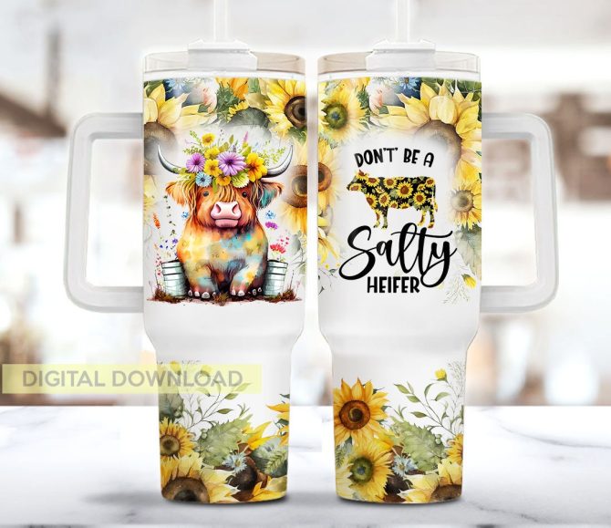 Sunflower Baby Highland Cow Custom Stanley Quencher 40Oz Stainless Steel Tumbler With Handle