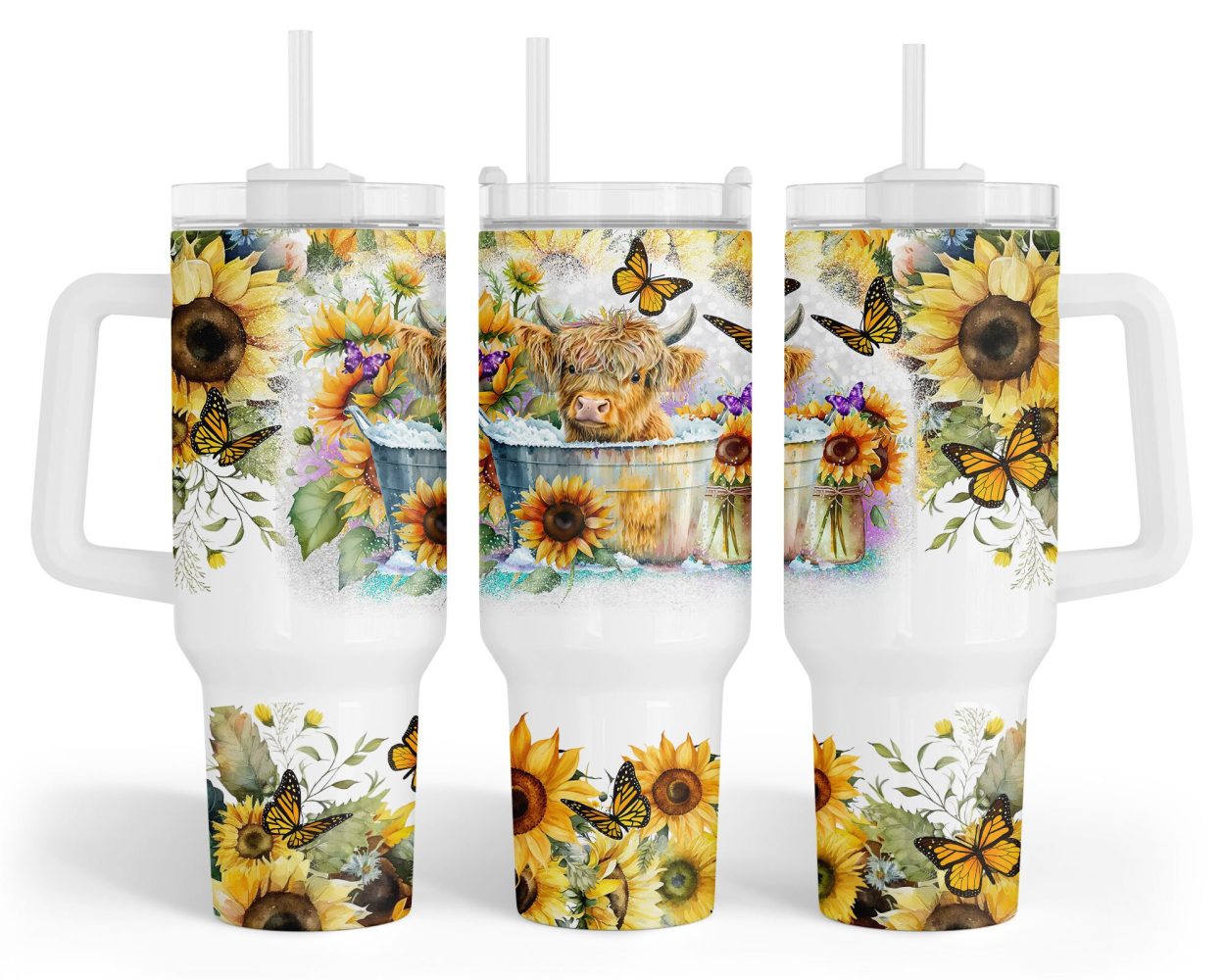Sunflower Baby Highland Cow Custom Stanley Quencher 40Oz Stainless Steel Tumbler With Handle - Image 2