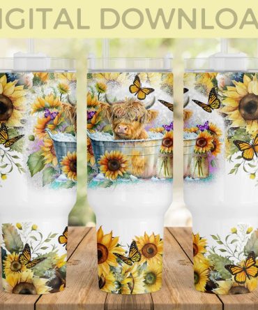 Sunflower Baby Highland Cow Custom Stanley Quencher 40Oz Stainless Steel Tumbler With Handle