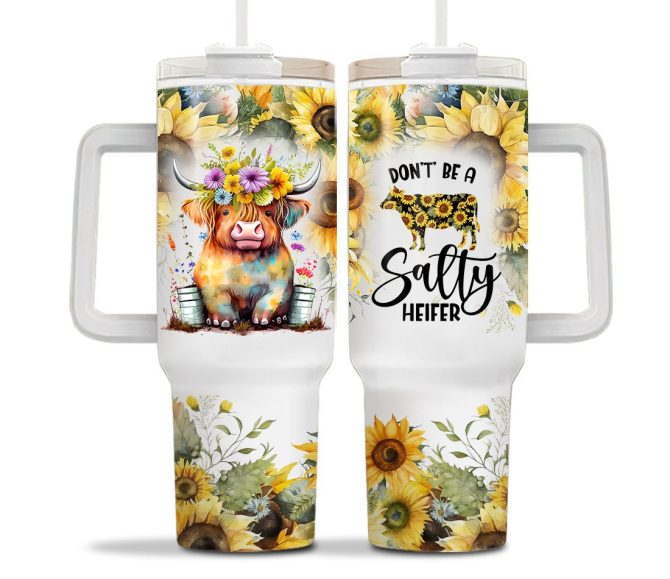 Sunflower Baby Highland Cow Custom Stanley Quencher 40Oz Stainless Steel Tumbler With Handle - Image 2