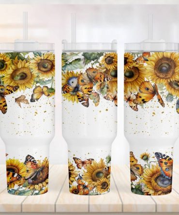 Sunflower Butterflies Custom Stanley Quencher 40Oz Stainless Steel Tumbler With Handle
