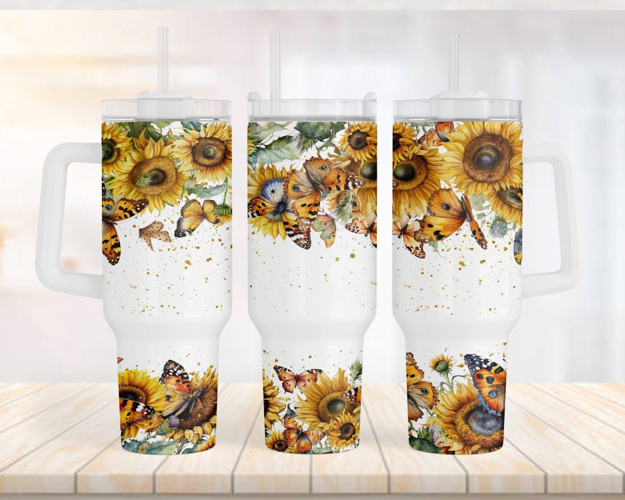 Sunflower Butterflies Custom Stanley Quencher 40Oz Stainless Steel Tumbler With Handle