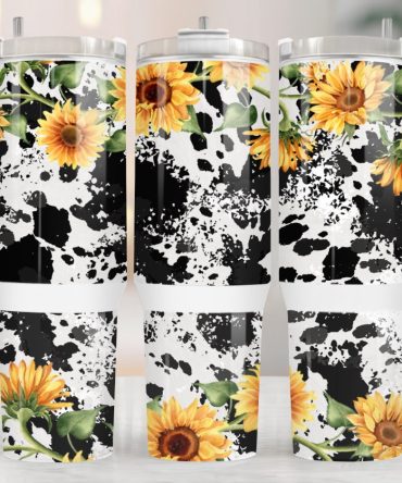 Sunflower Cow Print Custom Stanley Quencher 40Oz Stainless Steel Tumbler With Handle