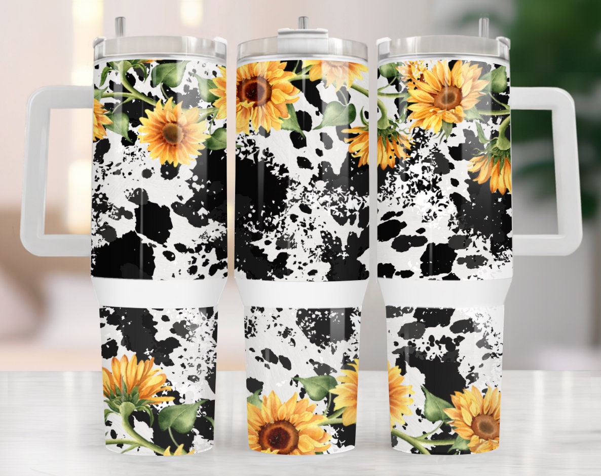 Sunflower Cow Print Custom Stanley Quencher 40Oz Stainless Steel Tumbler With Handle