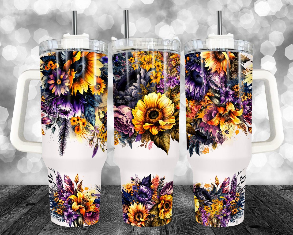 Sunflower Floral Custom Stanley Quencher 40Oz Stainless Steel Tumbler With Handle