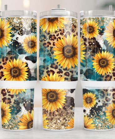 Sunflower Glitter Leopard Print Custom Stanley Quencher 40Oz Stainless Steel Tumbler With Handle