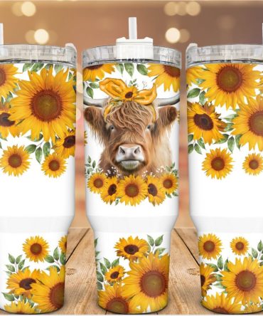 Sunflower Highland Cow Custom Stanley Quencher 40Oz Stainless Steel Tumbler With Handle