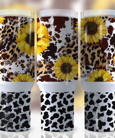 Sunflower Leopard Print Custom Stanley Quencher 40Oz Stainless Steel Tumbler With Handle