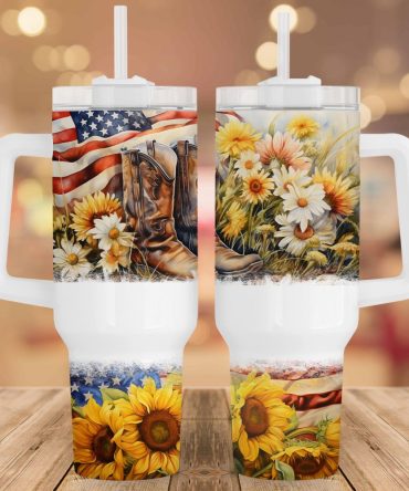 Sunflower Patriotic American Boots Custom Stanley Quencher 40Oz Stainless Steel Tumbler With Handle