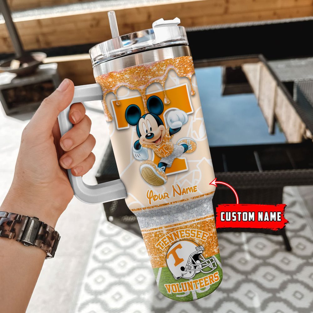 Tennessee Volunteers Ncaa Mickey Mouse Glitter Custom Stanley Quencher 40Oz Stainless Steel Tumbler With Handle - Image 2