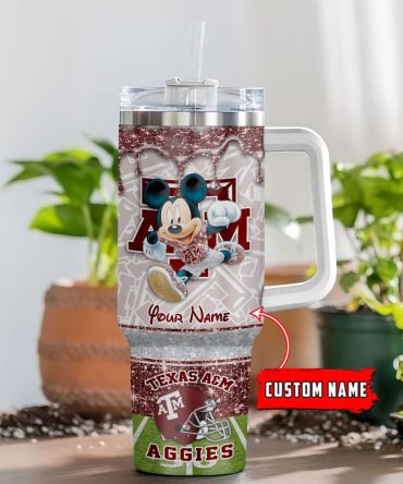 Texas A #038;M Aggies Ncaa Mickey Mouse Glitter Custom Stanley Quencher 40Oz Stainless Steel Tumbler With Handle