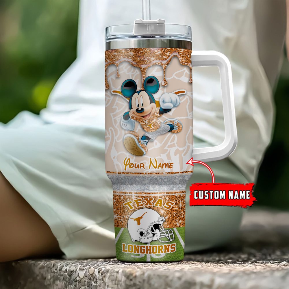 Texas Longhorns Ncaa Mickey Mouse Glitter Custom Stanley Quencher 40Oz Stainless Steel Tumbler With Handle - Image 4