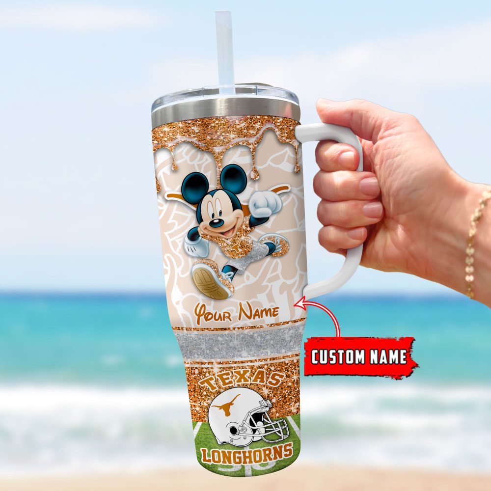 Texas Longhorns Ncaa Mickey Mouse Glitter Custom Stanley Quencher 40Oz Stainless Steel Tumbler With Handle - Image 3