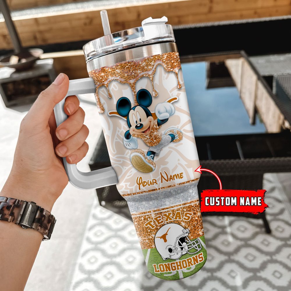 Texas Longhorns Ncaa Mickey Mouse Glitter Custom Stanley Quencher 40Oz Stainless Steel Tumbler With Handle - Image 2