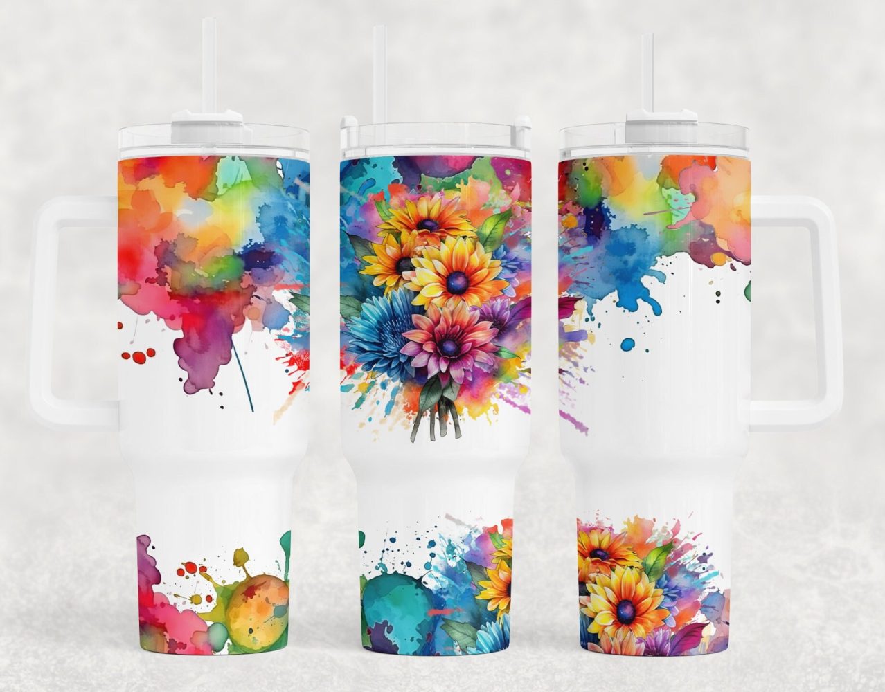 Watercolor Sunflowers Custom Stanley Quencher 40Oz Stainless Steel Tumbler With Handle