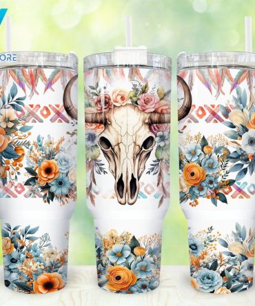 Western Highland Cow Skull Custom Stanley Quencher 40Oz Stainless Steel Tumbler With Handle