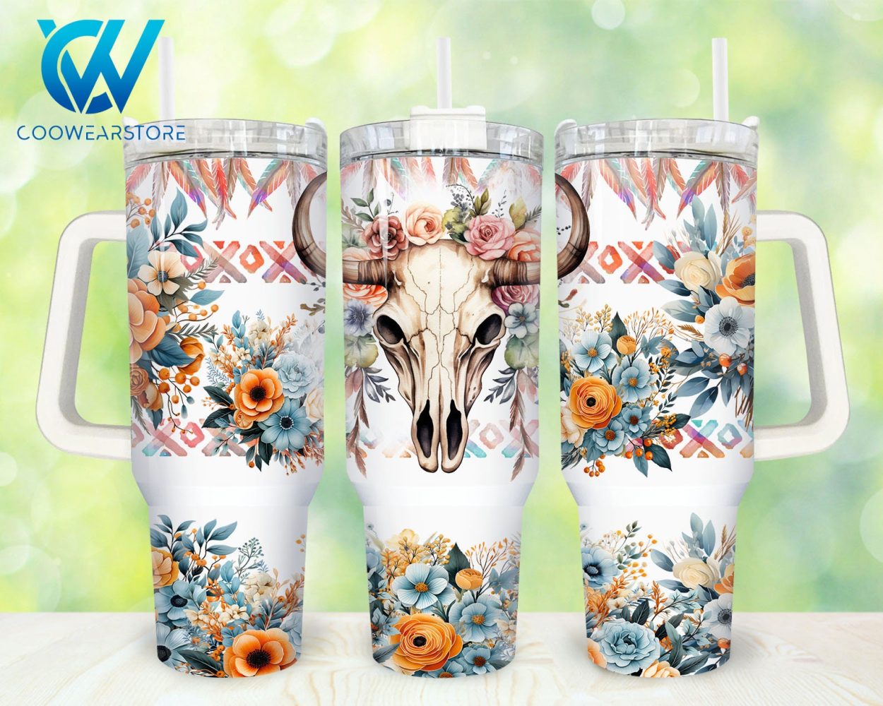 Western Highland Cow Skull Custom Stanley Quencher 40Oz Stainless Steel Tumbler With Handle