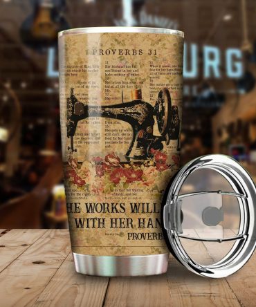 Vintage Sewing Machine Tumbler With Proverbs 31 Design - Inspirational Gift For Crafters