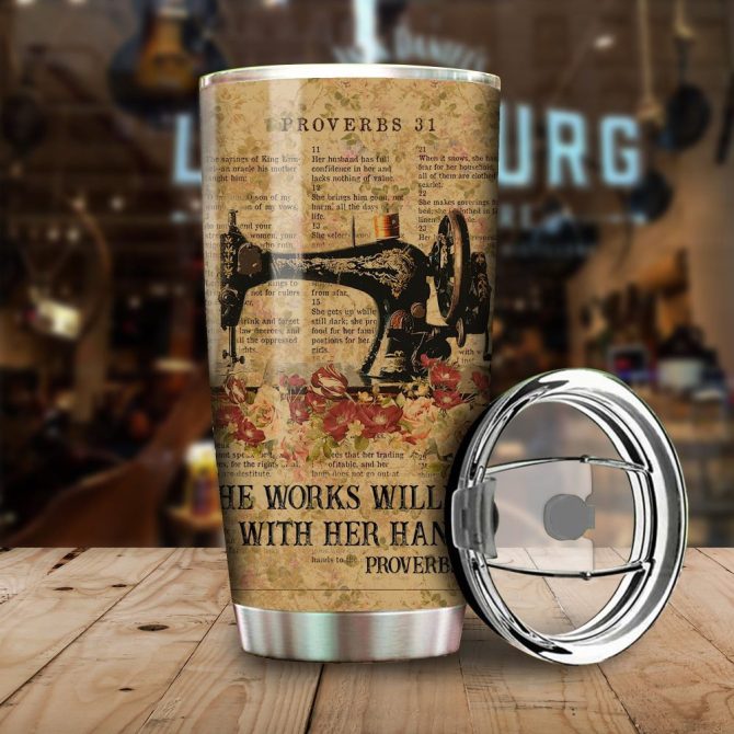 Vintage Sewing Machine Tumbler With Proverbs 31 Design - Inspirational Gift For Crafters